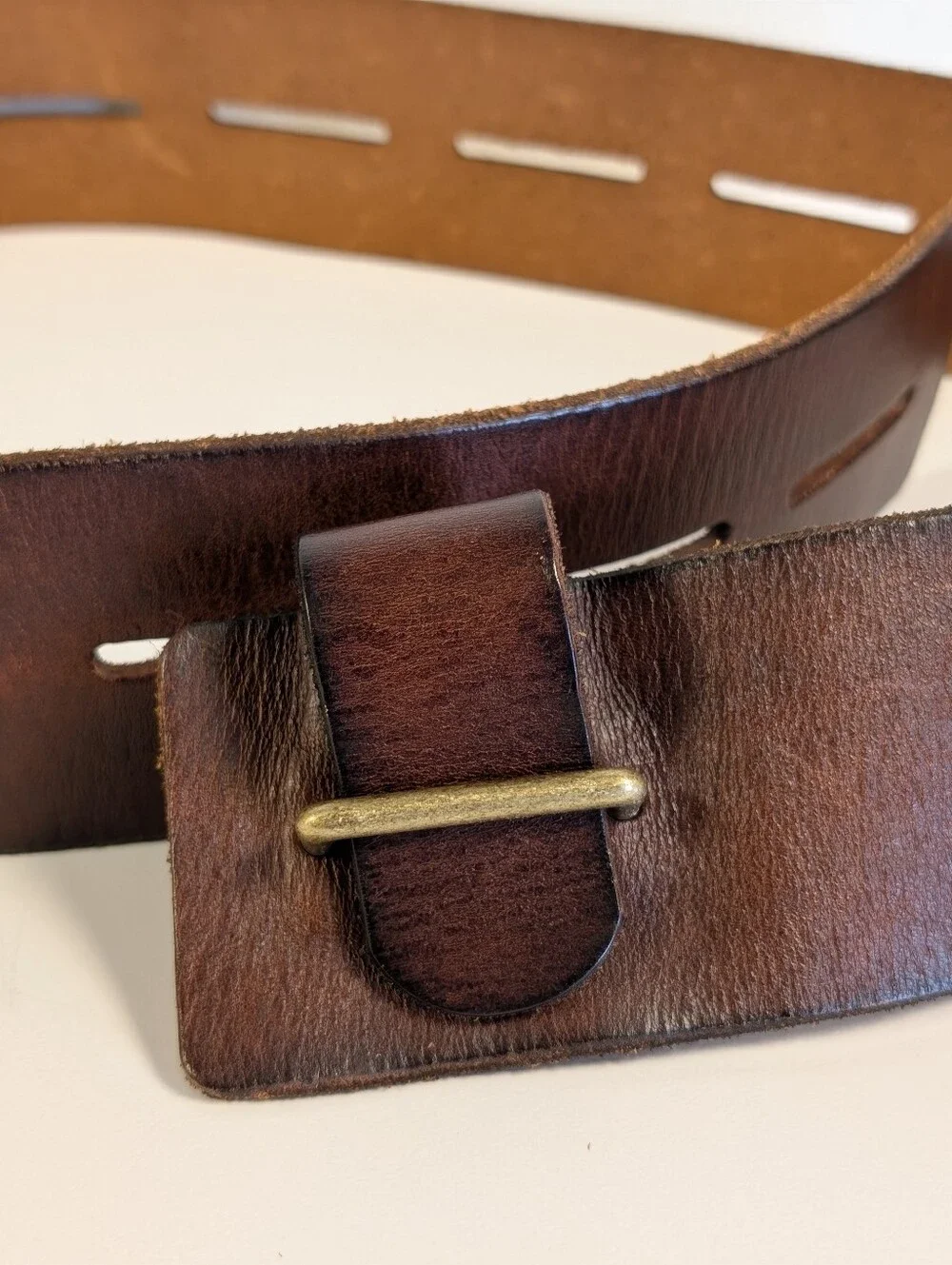 CAbi Here or There Belt 3298 Medium Brown Leather Wide Slotted Brass 45”